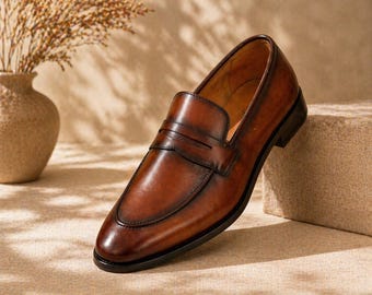 Handmade Brown Leather Loafers for Men  Classic Penny Loafers  Formal Dress Shoes  Minimalist Luxury Footwear  Wedding & Office Shoes