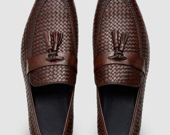 Mocassins en cuir tressé marron pour homme | Chaussures habillées à pampilles | Chaussures de mariage style italien