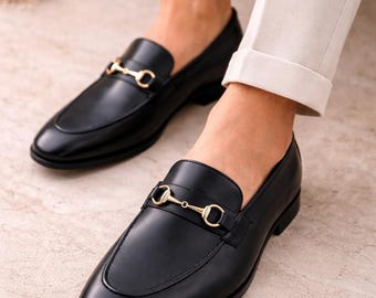 Handmade Black Leather Horsebit Loafers for Men, Luxury Slip On Dress Shoes, Formal Wedding Office Shoes, Custom Made Men’s Footwear
