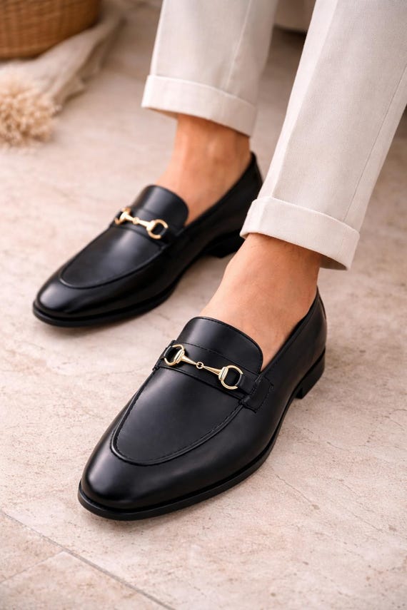 Men's Black Leather Horsebit Loafers – Handmade Slip-On Dress Shoes