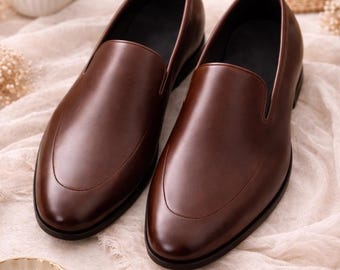 Luxury Handmade Brown Leather Loafers for Men | Slip-On Dress Shoes for Office Wear