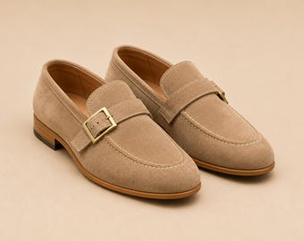 Handmade Beige Suede Monk Strap Loafers Men | Luxury Slip-On Dress Shoes | Wedding Business Footwear