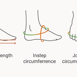K&ouml;nnte beinhalten: Eine schwarz-wei&szlig;e Strichzeichnung, die drei Methoden zur Fu&szlig;vermessung zeigt. Die Beschriftungen lauten Foot length, Instep circumference und Joint circumference, wobei orangefarbene und gr&uuml;ne Linien die jeweiligen Messwege markieren.