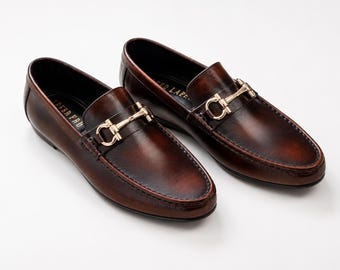 Mocasines de cuero hechos a mano / Mocasines marrones para hombre / Zapatos de vestir formales de lujo sin cordones