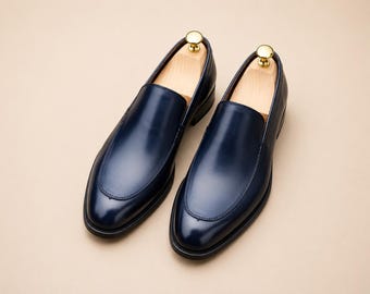 Handmade Navy Blue Leather Loafers Men | Luxury Slip-On Dress Shoes | Formal Business Wedding Footwear
