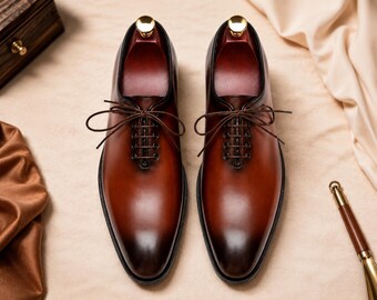 Handmade Brown Leather Oxford Shoes Men | Luxury Formal Dress Shoes | Business Wedding Footwear