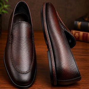 May include: A pair of dark brown leather loafers with a textured, pebbled finish. One shoe is positioned upright showing the top view, while the other is tilted on its side to display the profile, heel, and dark sole construction.