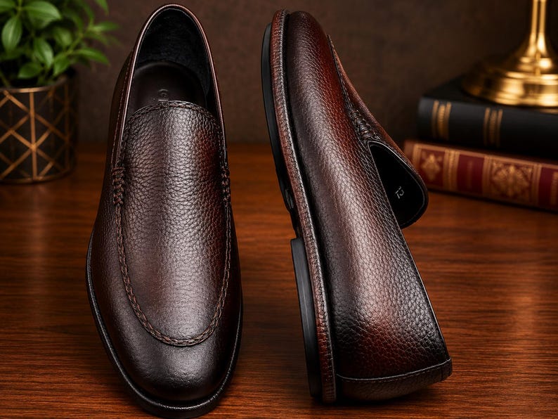 May include: A pair of dark brown leather loafers with a textured, pebbled finish. One shoe is positioned upright showing the top view, while the other is tilted on its side to display the profile, heel, and dark sole construction.