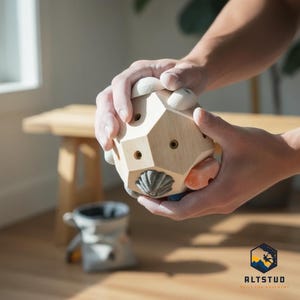 May include: A wooden climbing hold with various colored grips and a decorative seashell design. The hold is held by two hands, with a climbing chalk bag in the background. The logo "ALTSTUD" is visible in the bottom right corner.