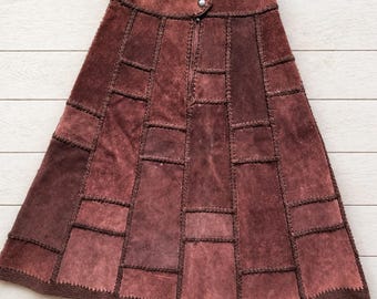 Gonna vintage in pelle scamosciata patchwork: modello boho anni '70 a trapezio in pelle marrone (taglia 9)