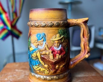 Vintage Norleans handmålad ölsten i keramik – Tavern Scene, barware från mitten av århundradet