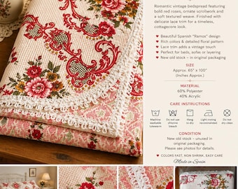 couvre-lit vintage espagnol à fleurs Ramos : roses rouges, bordure en dentelle, couvre-lit cottagecore