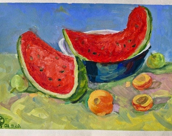 Origineel gouache-schilderij "Taste of Summer" stilleven watermeloen, fruit, heldere kleurrijke kunst, decor eetkamer, impressionistische kunst, kunstwerk