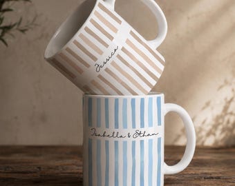 Personalized Striped Ceramic Mug, Custom Name Coffee Cup, Wedding Gift