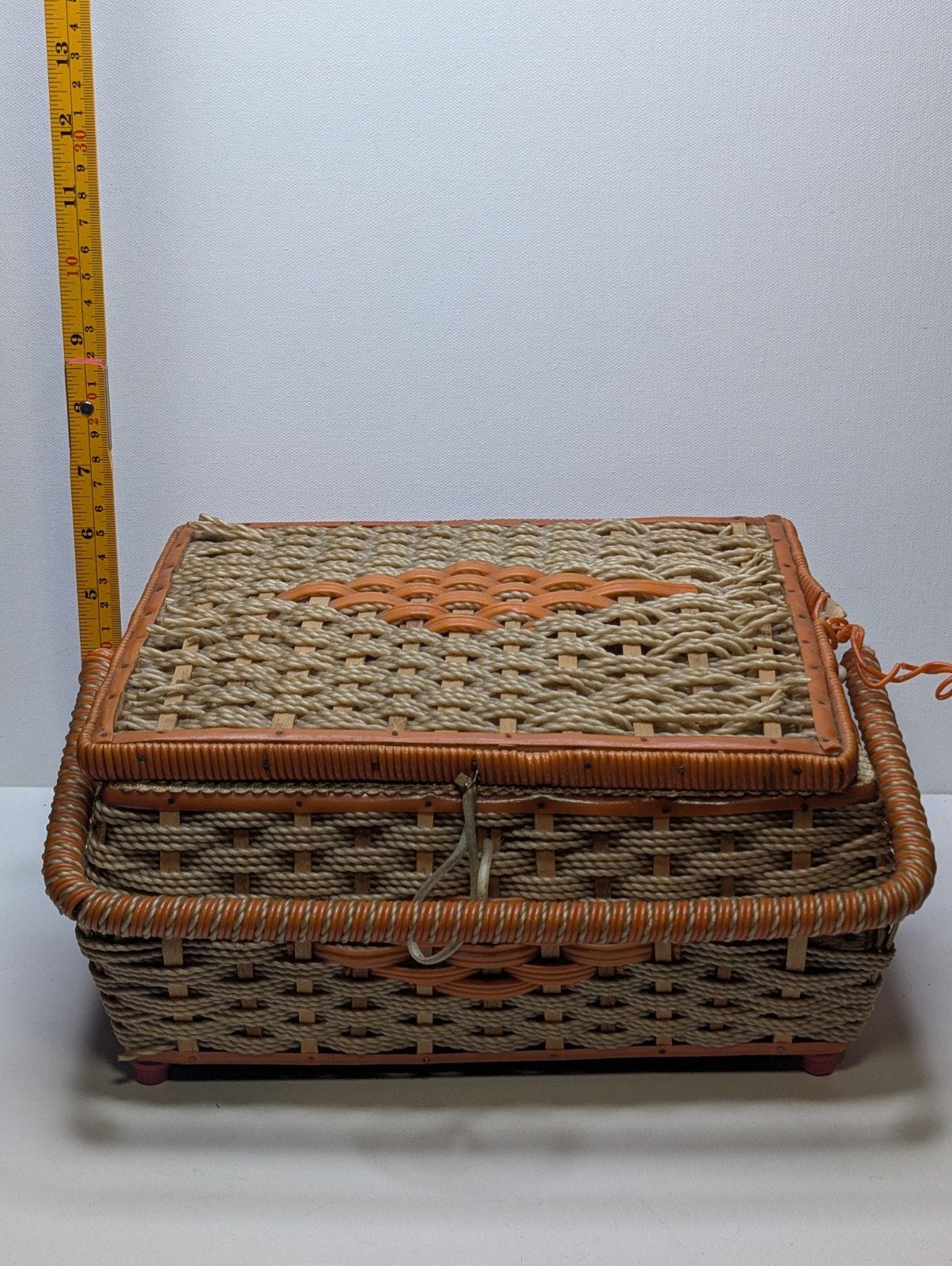 Vintage Woven Sewing Basket Box Taiwan Woolworth Craft Storage w Supplies