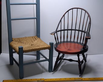 Primitive Miniature Chair Set Rush Seat & Windsor Rocking Chair Farmhouse Decor
