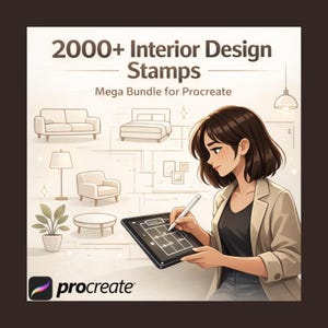 Könnte beinhalten: Illustration, die ein Procreate Mega-Bundle mit über 2000 Interior Design Stempeln bewirbt. Das Bild zeigt eine Frau, die ein Tablet mit einem Grundriss hält, umgeben von Möbelzeichnungen. Das Procreate-Logo ist sichtbar.