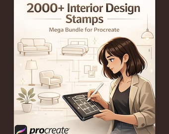 Más de 2000 sellos de diseño de interiores de Procreate | Megapaquete de muebles, decoración y planos de planta