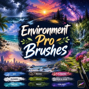 May include: A digital art graphic featuring the text "Environment Pro Brushes" in white and yellow. The image showcases various landscape scenes, including a stormy ocean, a sunset over mountains, and a waterfall. Additional labels include "Sky," "Clouds," and "Water."
