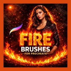 Könnte beinhalten: Digitales Kunstwerk mit einer Frau mit braunen Haaren und einer schwarzen Lederjacke vor einem feurigen Hintergrund. Das Wort „FIRE“ ist in flammenartigen Buchstaben dargestellt, darunter „BRUSHES“ und „FOR PROCREATE“. Eine farbenfrohe Pinselstrichgrafik befindet sich oben links.