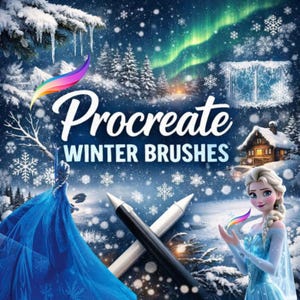 Könnte beinhalten: Digitale Illustration mit dem Text "Procreate Winter Brushes" vor einer verschneiten Winterlandschaft. Das Bild zeigt eine Zeichentrickfigur, Schneeflocken und zwei digitale Stifte.
