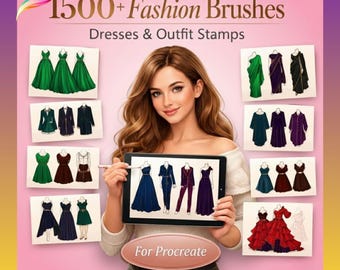 Paquete de pinceles para vestidos de moda de Procreate: más de 1500 sellos para atuendos, vestidos, saris, chaquetas e ilustraciones de ropa para iPad.