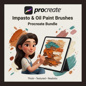 May include: An illustration of a person using a stylus on a tablet, showcasing impasto and oil paint brushes. The tablet displays thick, textured, and realistic brushstrokes in shades of orange, brown, and teal. The Procreate logo is visible, along with the text "Impasto & Oil Paint Brushes Procreate Bundle."