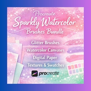Könnte beinhalten: Ein digitales Kunstpaket für Procreate mit "Sparkly Watercolor Brushes". Das Bild zeigt Aquarelltexturen, Glitzerpinsel, digitales Papier und Farbfelder. Die Farbpalette umfasst Rosa-, Lila- und Türkistöne, mit dem Procreate-Logo unten.