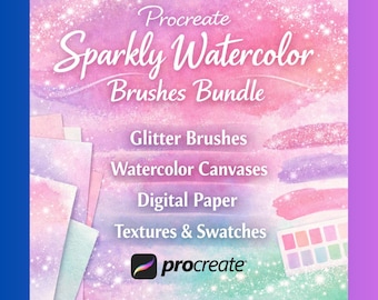 Procreate Pastel Sparkly Watercolor Brushes Bundle, Glitter Brushes, Watercolor Canvases, Digital Paper, Textures & Swatches