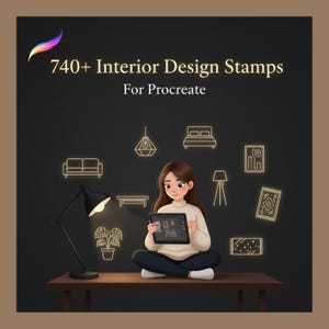 Könnte beinhalten: Illustration einer Frau, die ein Tablet mit Innenraumdesign-Stempeln hält. Das Bild enthält den Text "740+ Interior Design Stamps For Procreate" und Strichzeichnungen von Möbeln und Dekorationen.