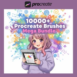 Może przedstawiać: Cyfrowa ilustracja postaci w stylu anime w jasnofioletowej bluzie z kapturem trzymającej tablet. Tekst głosi 10000+ Procreate Brushes Mega Bundle. Tło przedstawia kolorową eksplozję abstrakcyjnych kształtów, kwiatów i gwiazd.