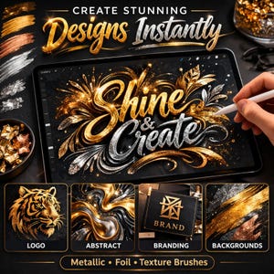 May include: Digital art design with the text "Create Stunning Designs Instantly" and "Shine & Create" in gold and silver. The image showcases metallic foil texture brushes for logos, abstract art, branding, and backgrounds.