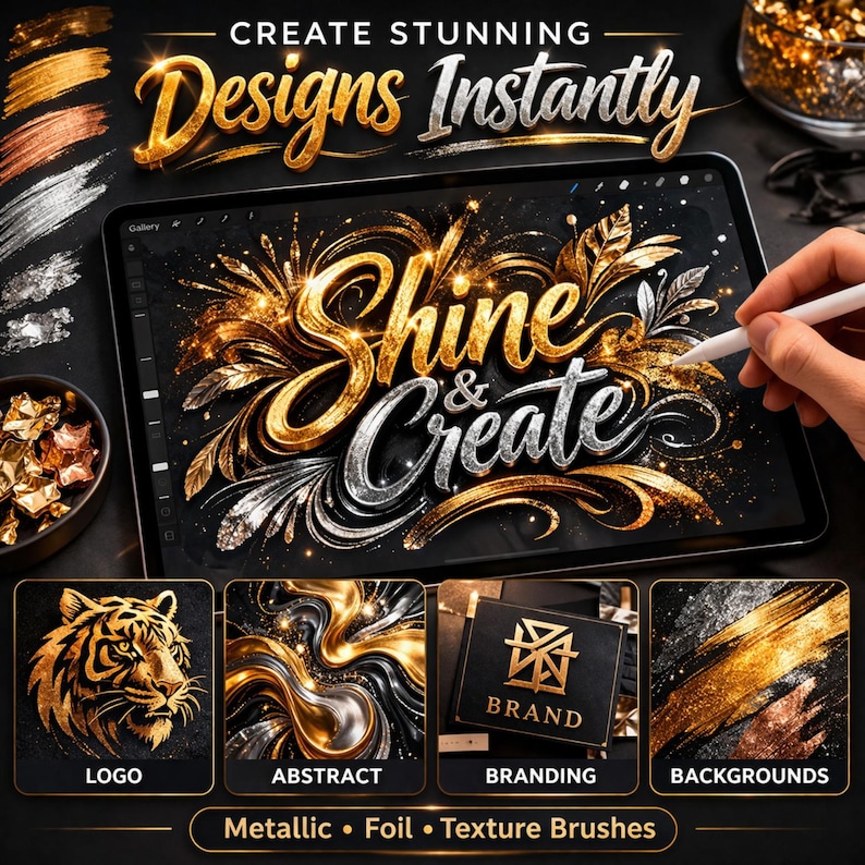 May include: Digital art design with the text "Create Stunning Designs Instantly" and "Shine & Create" in gold and silver. The image showcases metallic foil texture brushes for logos, abstract art, branding, and backgrounds.