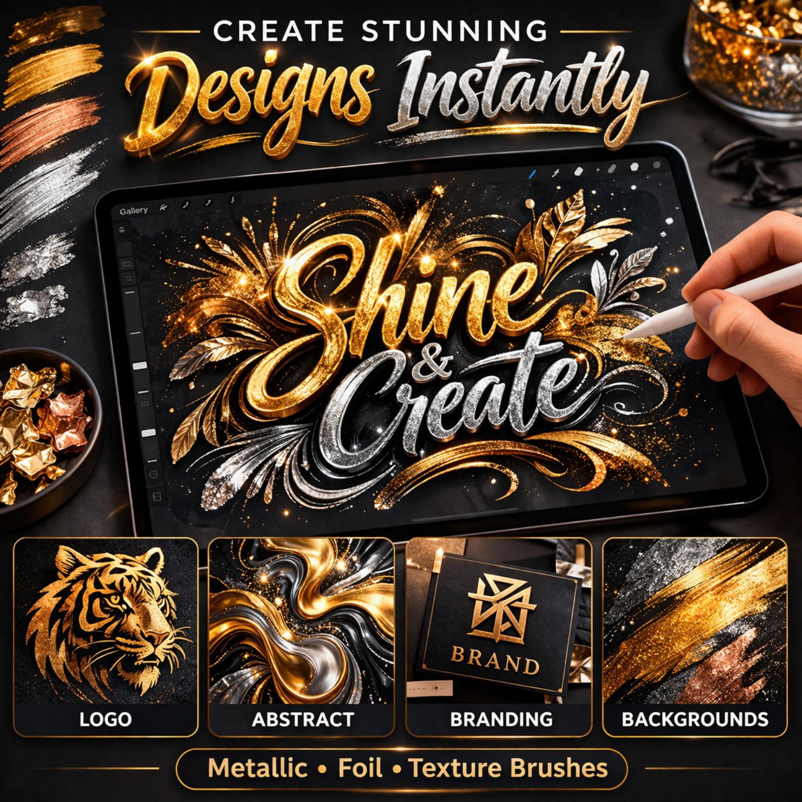 Procreate Metallic & Texture Brushes Bundle | 3500+ Brushes, Foil, Gold ...