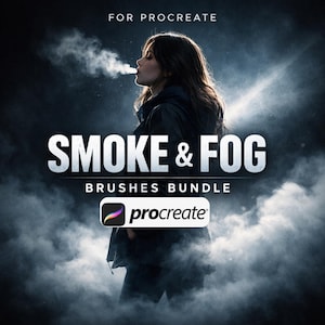 Könnte beinhalten: Digitales Pinsel-Bundle für Procreate, mit einer Frau, die Rauch ausatmet. Der Titel "Smoke & Fog" ist in Weiß gehalten, darunter das Procreate-Logo. Der Hintergrund ist eine dunkle, rauchige Atmosphäre.