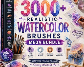 Paquete de más de 3000 pinceles de acuarela realistas para Procreate, Mega paquete de pinceles, kit de acuarela para Procreate, lienzo de texturas de salpicaduras, iPad
