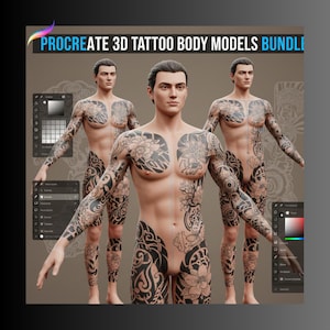 Könnte beinhalten: Ein digitales Kunstpaket mit drei 3D-Männermodellen mit detaillierten schwarzen Tattoo-Designs. Die Modelle werden in einer Studio-Umgebung mit Procreate-Oberflächenelementen präsentiert, die die digitalen Kunstwerkzeuge hervorheben.