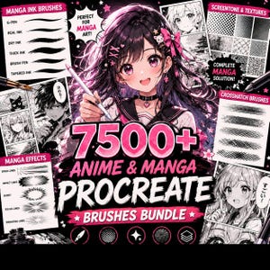 Könnte beinhalten: Werbung für ein Anime- und Manga-Procreate-Pinsel-Bundle mit einer Manga-Illustration eines Mädchens. Der Text lautet "7500+ Anime & Manga Procreate Brushes Bundle". Verschiedene Pinseltypen und Manga-Effekte werden angezeigt, darunter Tinte und Screentones.