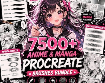 Paquete de más de 7500 pinceles de anime y manga para Procreate | Pinceles para dibujo digital, bocetos, tinta, acuarela y sombreado