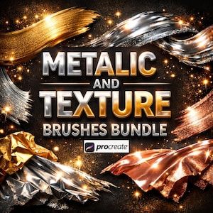 Könnte beinhalten: Digitalgrafik mit metallischen Pinselstrichen in Gold-, Silber- und Kupfertönen. Der Text lautet "Metallic and Texture Brushes Bundle" mit dem Procreate-Logo, vor einem dunklen Hintergrund mit funkelnden Akzenten.