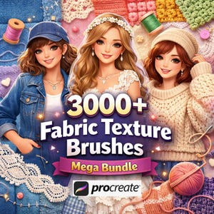 Op de afbeelding: Digitale kunst die een mega-bundel voor stoftextuurpenselen voor Procreate promoot. De afbeelding toont drie lachende vrouwen, omringd door stofstalen, klosjes garen en wol. Tekst luidt "3000+ Fabric Texture Brushes Mega Bundle."