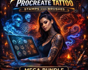 Más de 7000 pinceles y sellos para tatuajes de Procreate | Anime, calaveras, flores y elementos de tatuajes japoneses | Paquete digital para iPad