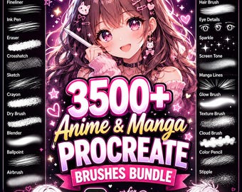 Paquete de más de 3500 pinceles de anime y manga para Procreate: Ghibli, manga, kawaii, lineart, aerógrafo, diseño de personajes.