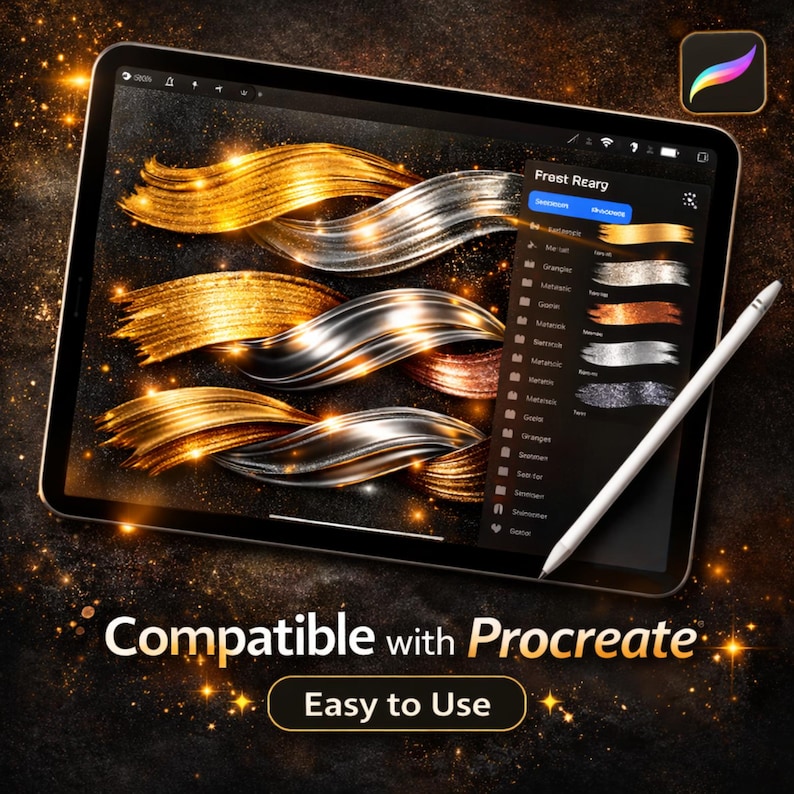 May include: A digital tablet shows gold, silver, and copper brushstroke examples. The screen displays a menu of brush options and a stylus. Text on the screen reads "Compatible with Procreate" and "Easy to Use."