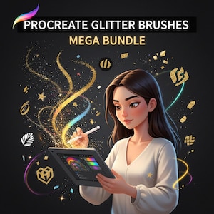 Könnte beinhalten: Digitale Illustration einer Frau, die ein Tablet und einen Stift verwendet, um Glitzereffekte zu erzeugen. Das Bild zeigt den Text "Procreate Glitter Brushes Mega Bundle" in Weiß und Gold vor einem dunklen Hintergrund mit farbigen Akzenten.