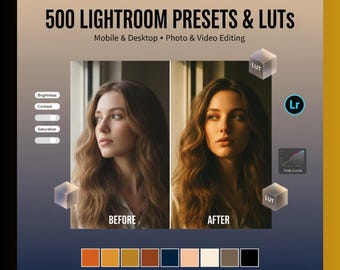 Paquete de más de 500 preajustes y LUT premium de Lightroom | Móvil y escritorio | Kit completo de edición de fotos y videos | DNG, XMP, CUBE