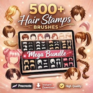 Könnte beinhalten: Digitales Kunstprodukt mit einem Tablet, das Haarstempel-Pinsel anzeigt. Das Bild enthält verschiedene Frisuren und den Text "500+ Hair Stamps Brushes Mega Bundle". Zusätzlicher Text beinhaltet "Procreate", "Instant Download" und "High Quality".