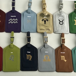 Monogrammed Leather Luggage Tag: Birth Flower & Zodiac Sign, RFID