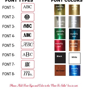 K&ouml;nnte beinhalten: Ein Diagramm, das acht verschiedene Schriftstile und eine Auswahl an metallischen und nicht-metallischen Farben zeigt. Die Schriftstile sind mit "Schriftart 1" bis "Schriftart 8" beschriftet. Die Farben umfassen Metallic-Gold, Mattgold, Metallic-Silber, Mattsilber, Metallic-Gr&uuml;n, Metallic-Blaugr&uuml;n, Metallic-Rot, Metallic-Kupfer, Schwarz, Wei&szlig; und Metallic-K&ouml;nigsblau.
