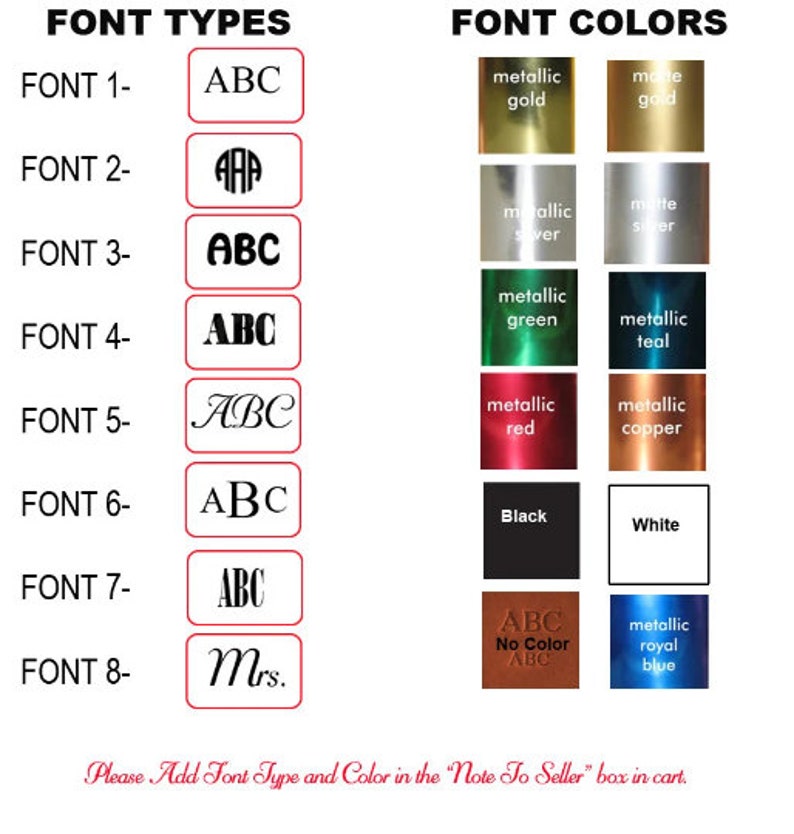 K&ouml;nnte beinhalten: Ein Diagramm, das acht verschiedene Schriftstile und eine Auswahl an metallischen und nicht-metallischen Farben zeigt. Die Schriftstile sind mit "Schriftart 1" bis "Schriftart 8" beschriftet. Die Farben umfassen Metallic-Gold, Mattgold, Metallic-Silber, Mattsilber, Metallic-Gr&uuml;n, Metallic-Blaugr&uuml;n, Metallic-Rot, Metallic-Kupfer, Schwarz, Wei&szlig; und Metallic-K&ouml;nigsblau.